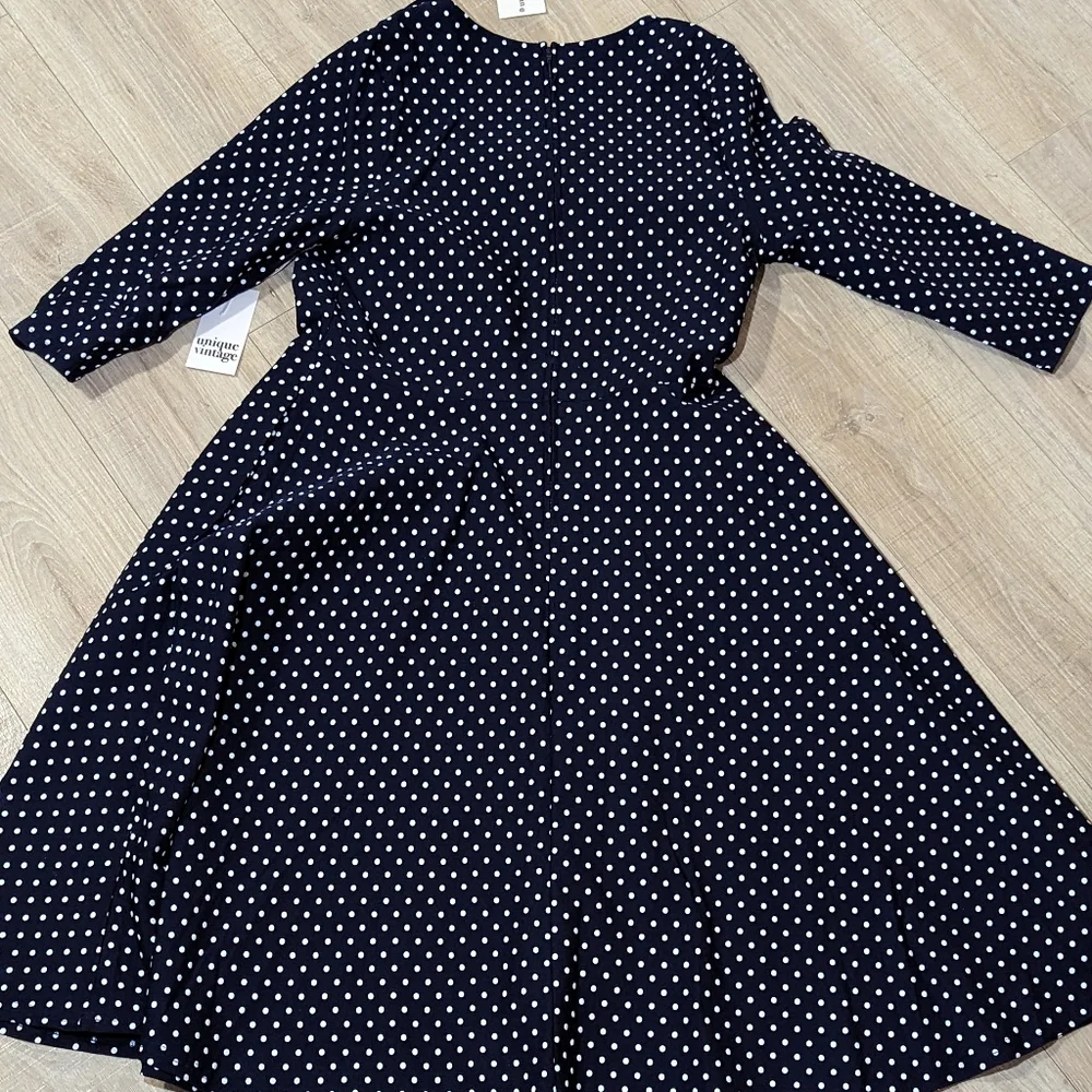 Unique Vintage Navy & White Polka Dot Long Sleeve Fit-and-Flare Dress - Picture 3 of 12